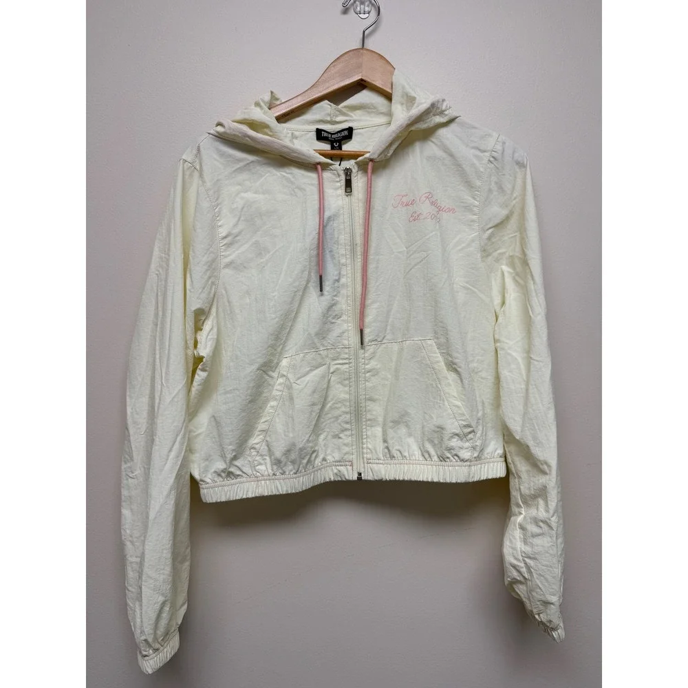 True Religion Lightweight Women's Windbreaker Jacket Cream Logo Hooded Sz L NWT
